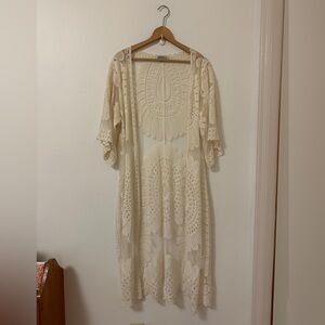 Rebellion Cotton Blend Ivory Lace Long Open Cardigan | Size Small